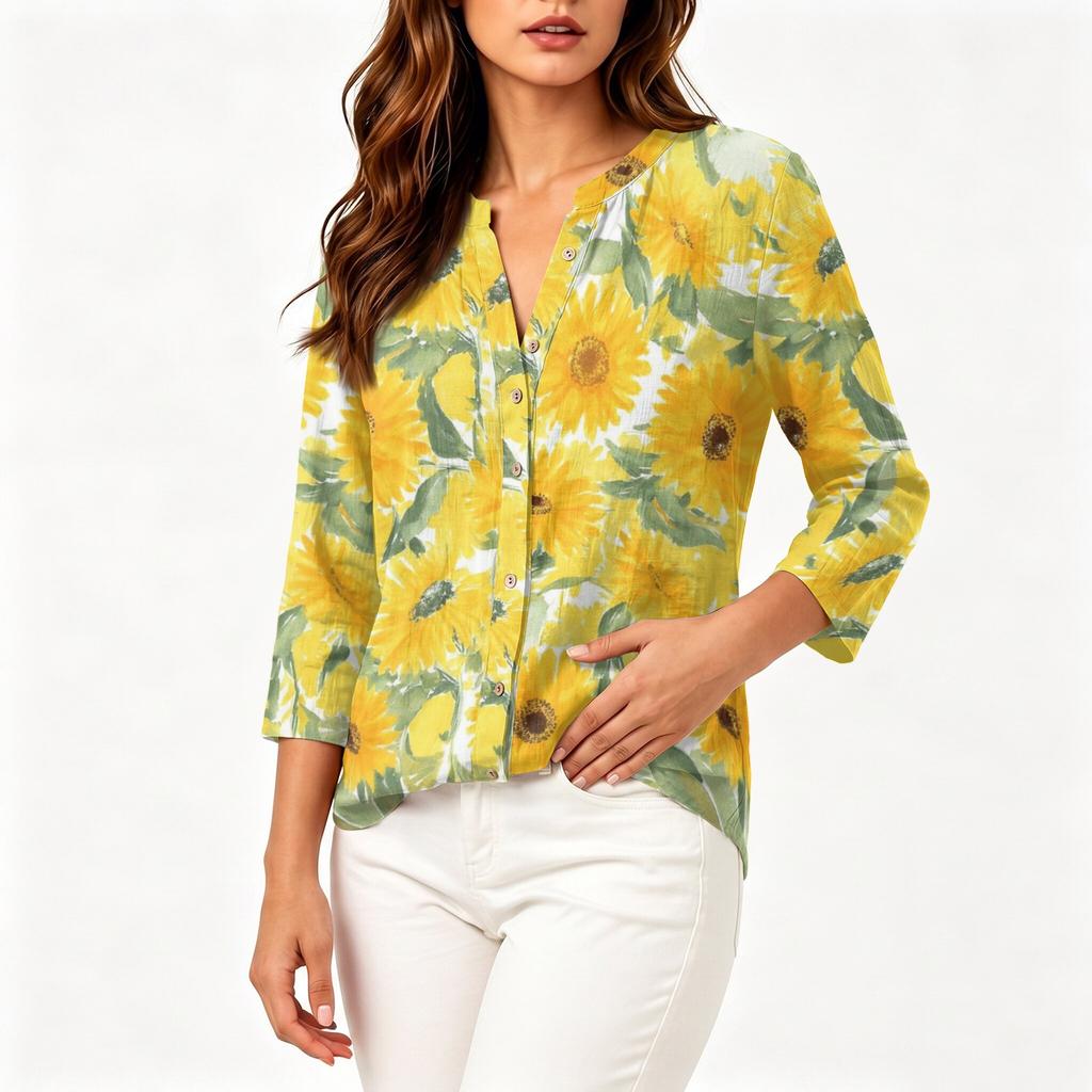 Women's Vintage Floral Print Henley Button Neck Shirt Three Quarter Sleeve Cotton Linen Blend Casual Top