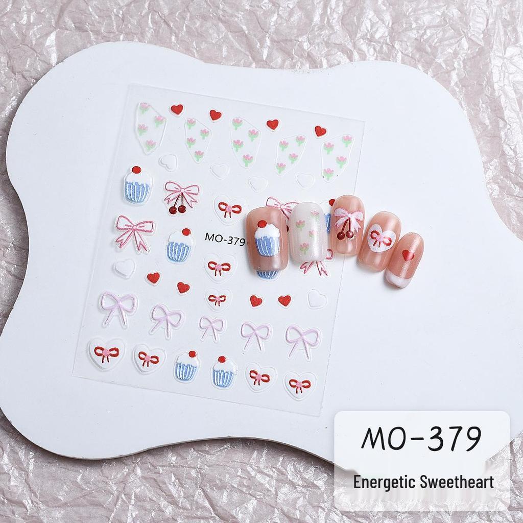 3D Cute Bow, Cherry, and Heart Embossed Nail Stickers - Self-Adhesive Decals