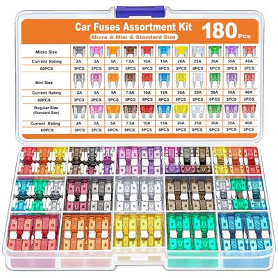 Kit surtido de 180 fusibles para coche: 60 minifusibles de cuchilla, 60 fusibles estándar, 60 microfusibles y extractor de fusibles.