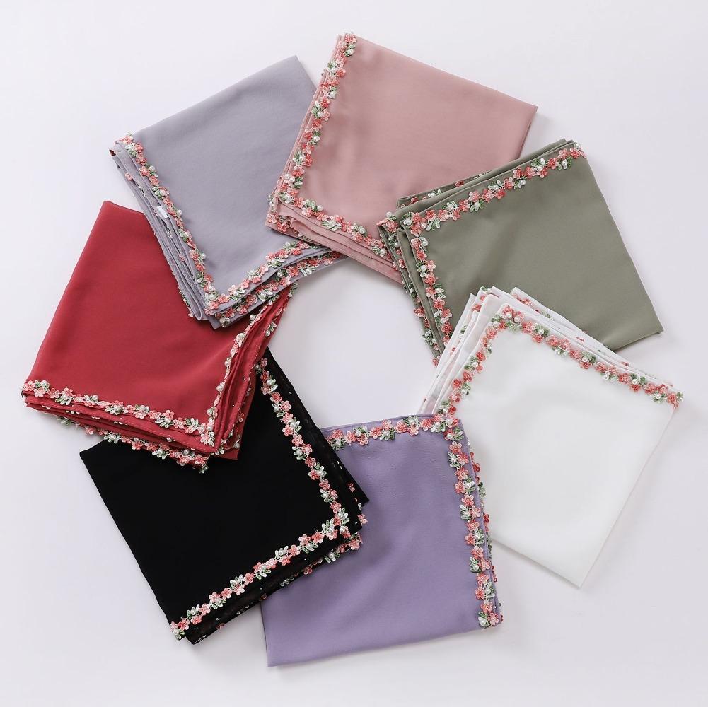 New Luxury 90*90Cm Pearl Chiffon Hijab Floral Chain Bubble Shawl High Quality Beach Bufandas Ramadan Islamic Muslim Square Scarf