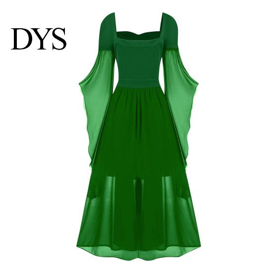 Wave Collar Dress Vinatge Women Irregular Horn Sleeve Solid Color A-line Big Hem Slim Square Neckline Waist Pleated Lace-up Strap Medieval Halloween