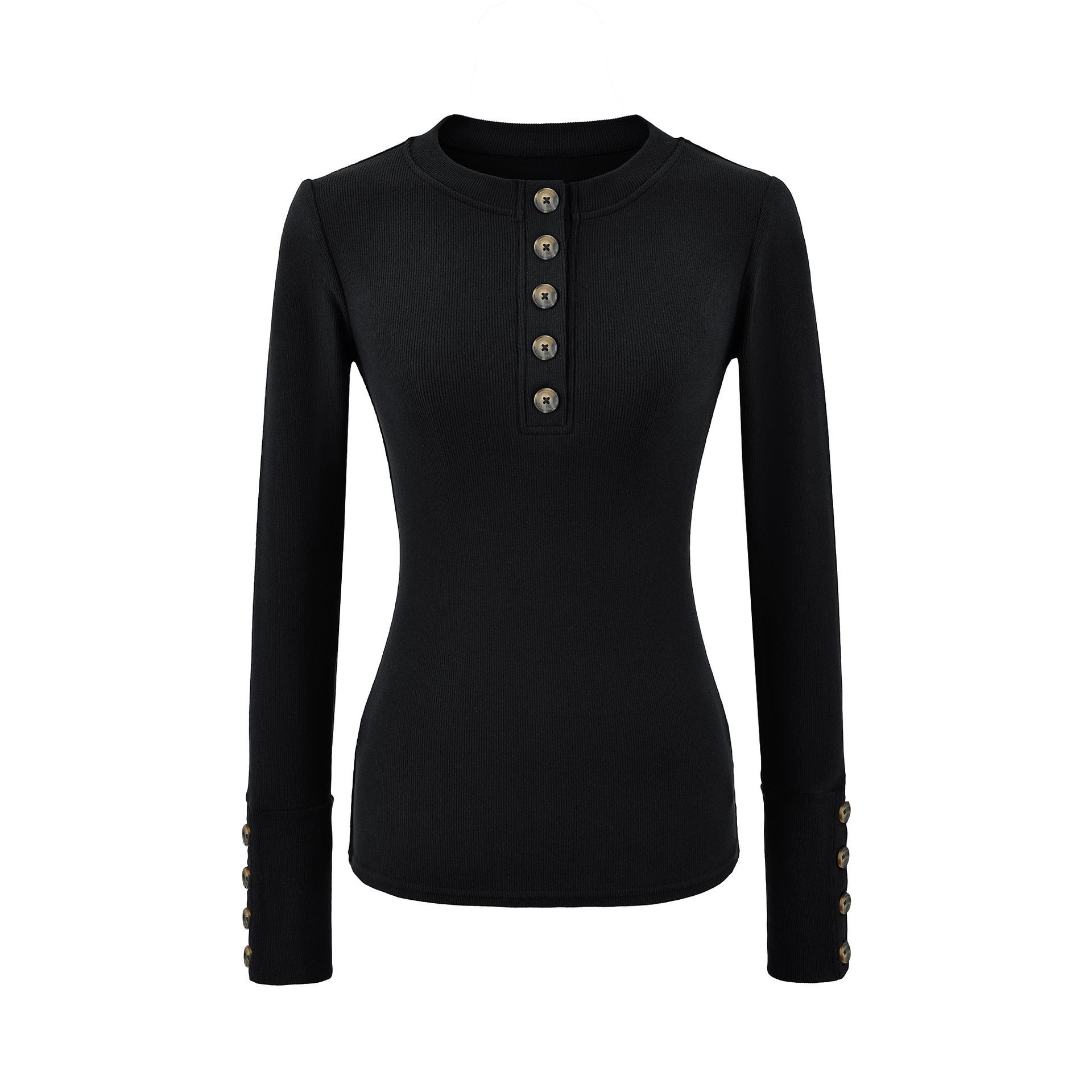 

Women s European & American Style Velvet Warm Henley Collar Long Sleeve Solid Color Top Medium чёрный