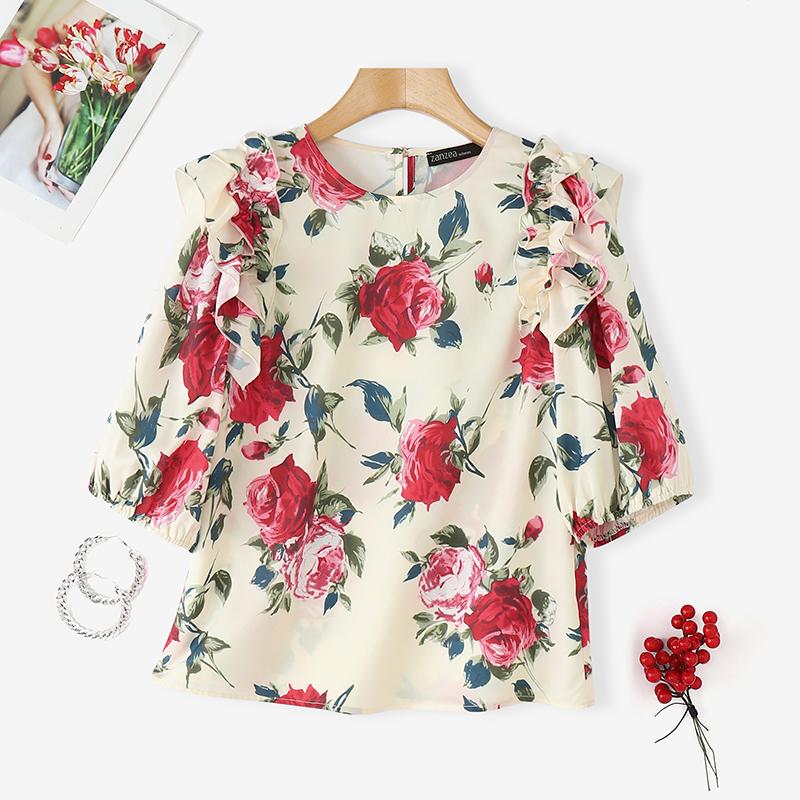 ZANZEA Women Fashion Round Neck Puff Short Sleeve A-Line Blouse
