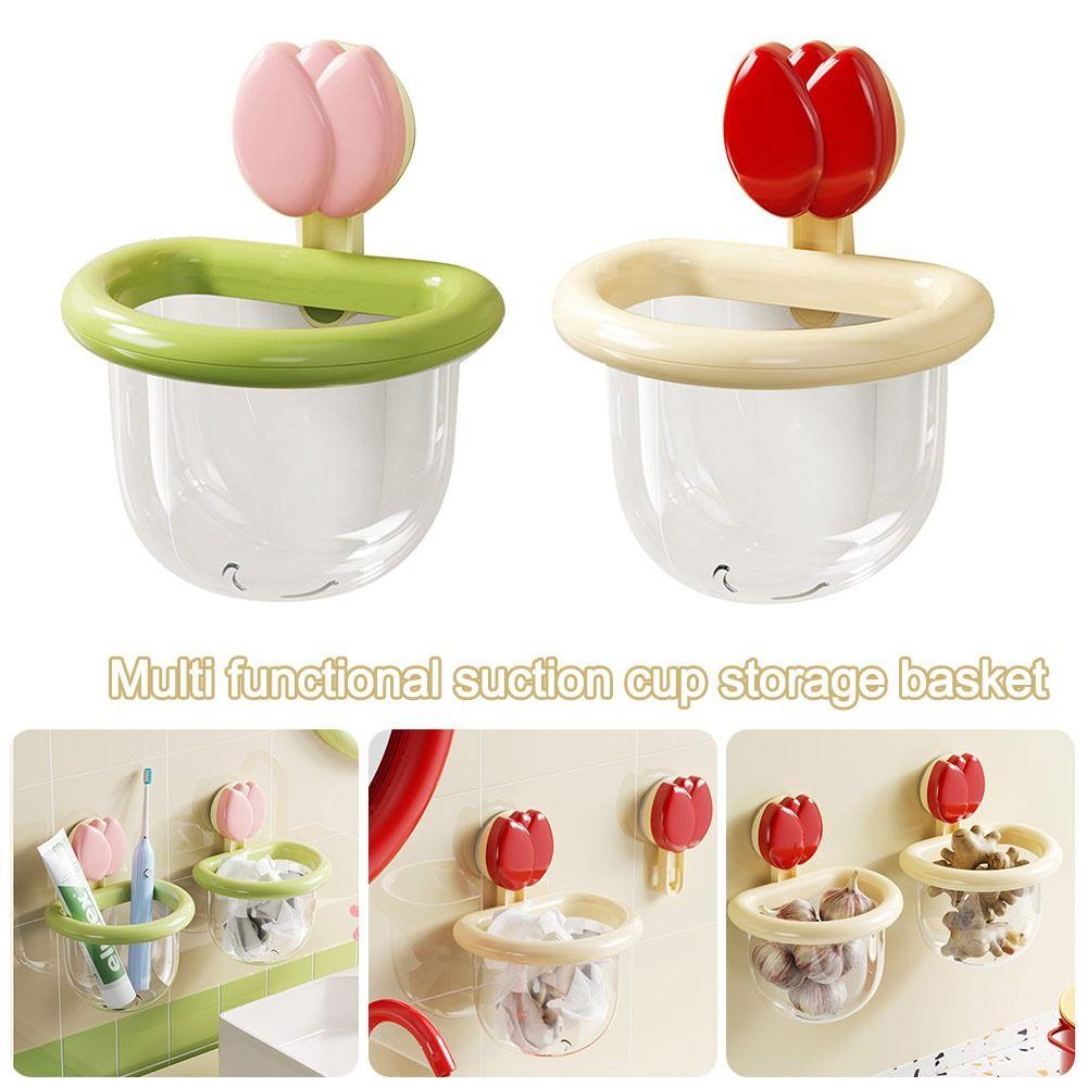 Dopamine Suction Cup Storage Basket Tulip Shape Punch-free Toothbrush Holder Wall Mounted Self-draining Face Towel Storage Box