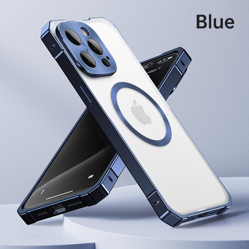 

Чехол для телефона из алюминиевого сплава для iPhone 16 Pro 15 Pro Max для Magsafe, магнитный, ударопрочный, прозрачный, жесткий, из ПК, чехол-бампер iPhone 15 Pro Max синий