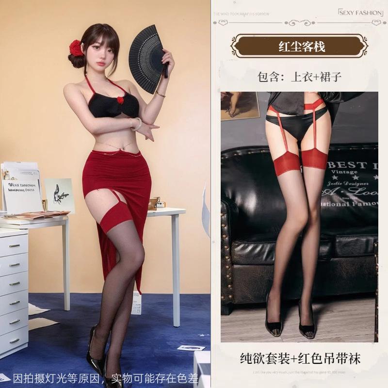 Sex underwear sexy rose long dress nightclub tube top hanging neck red charm split fork