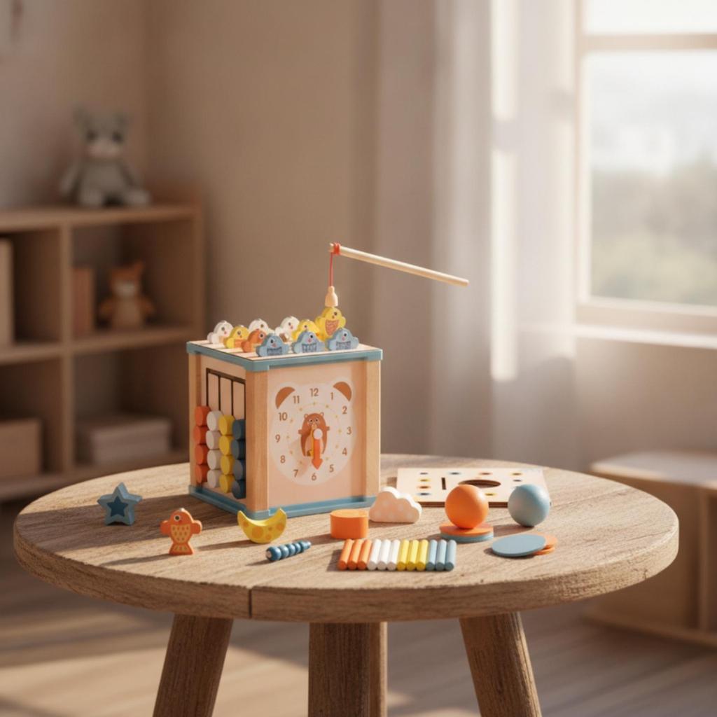 Wooden Activity Cube with Shape Sorter FineMotor Educational Center Early Learning