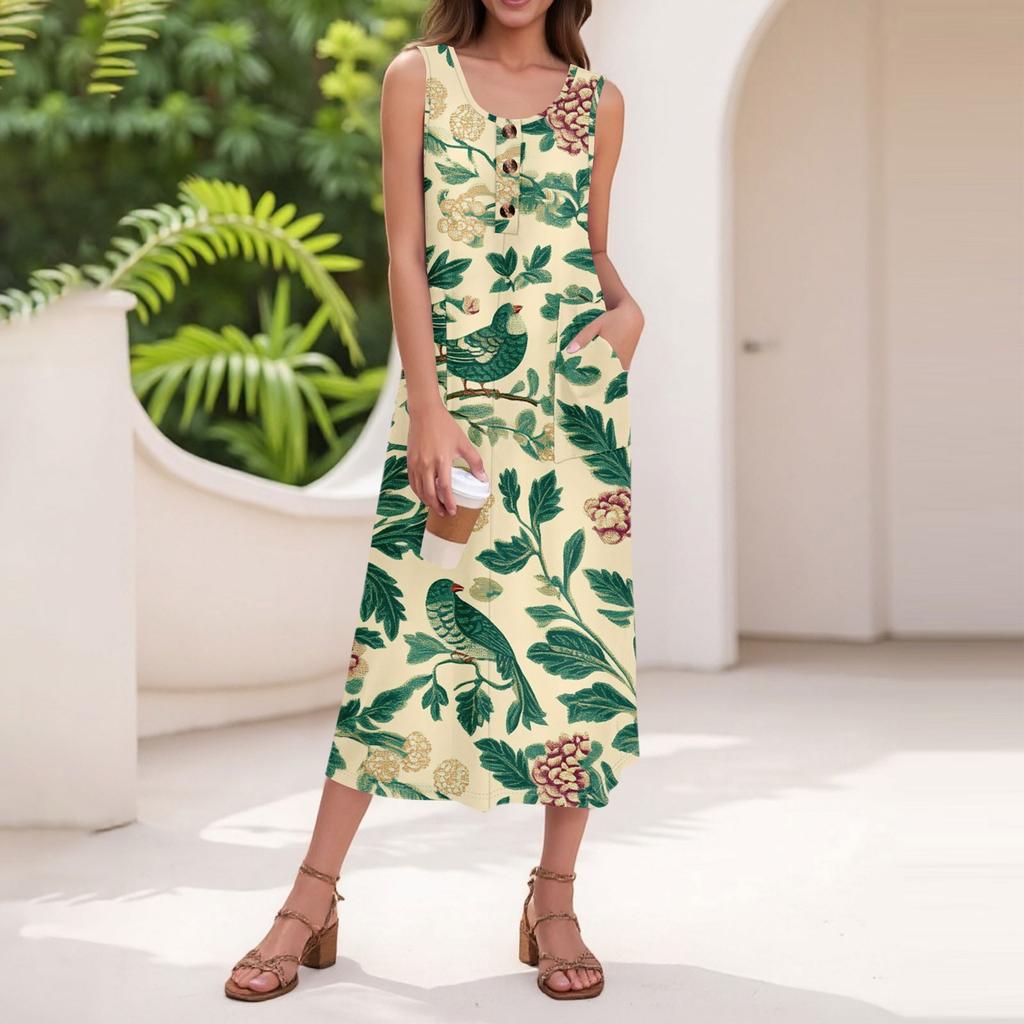 Women's Summer Casual Fashion Floral Print Sleeveless Button Casual Long Dress