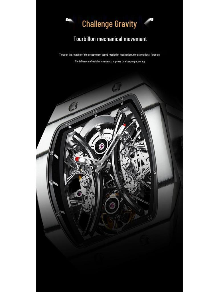 Ceas Mecanic de Modă Swiss True Tourbillon pentru Bărbați cu Curea de Cauciuc și Design Pătrat Gol