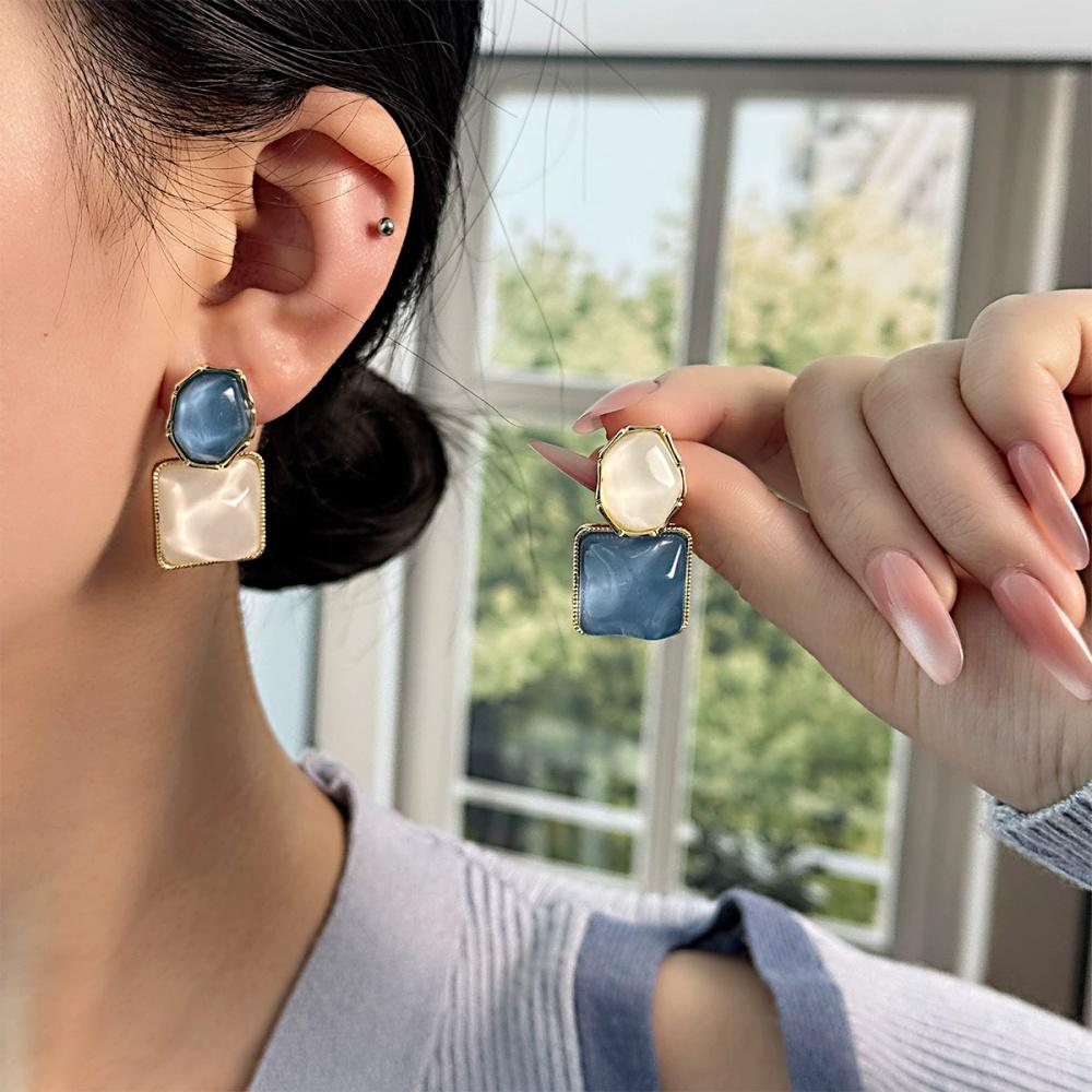 New Contrastive Resin Dropper Earrings for Women, Asymmetric Oval Pendant Earrings, Wedding Party, Blue Geometric Jewelry