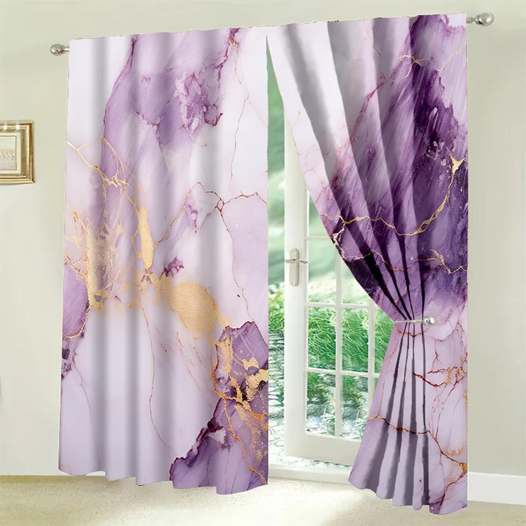 2PC Purple Gold Marble Texture Sheer Curtains - Luxe Modern Stone Print Window Drapes for Living Room Bedroom Decor