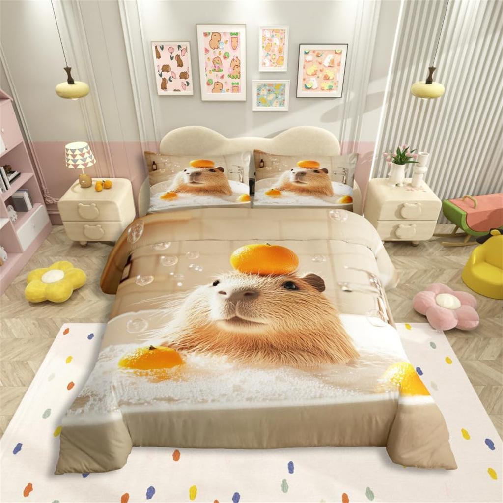 Capybara Bettbezug Set Einzelgröße, Niedliches Cartoon Tier Kinder Weiches Mikrofaser Bettwäsche Set, Bettdeckenbezug mit 1/2 Kissenbezügen
