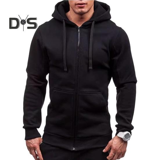 Fall Winter Men Jacket Hooded Drawstring Zip-up Long Sleeves Solid Color Cardigan Elastic Cuff Pockets Mid Length Hoodie Jacket