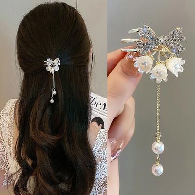 Lily Of The Valley Tassel Hairpin Luxurious Artificial Pearls Fashionable Hair Claw For Women