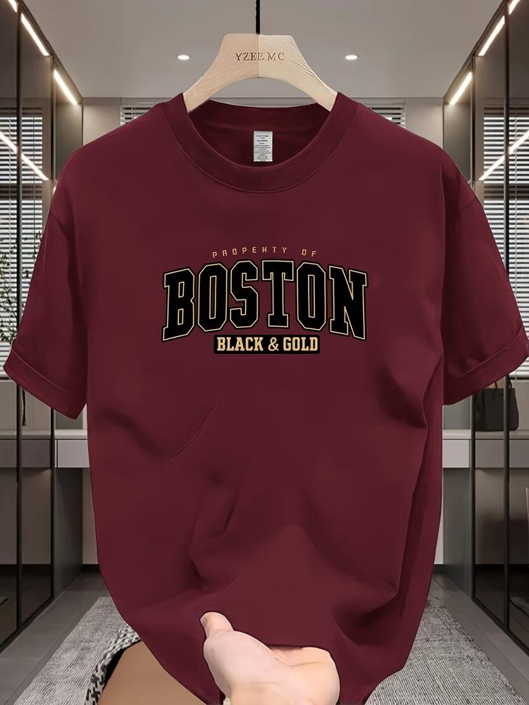 Black Gold Boston Men's 100% Cotton T-shirt, Casual Versatile Bottom Coat, Comfortable Sports Top