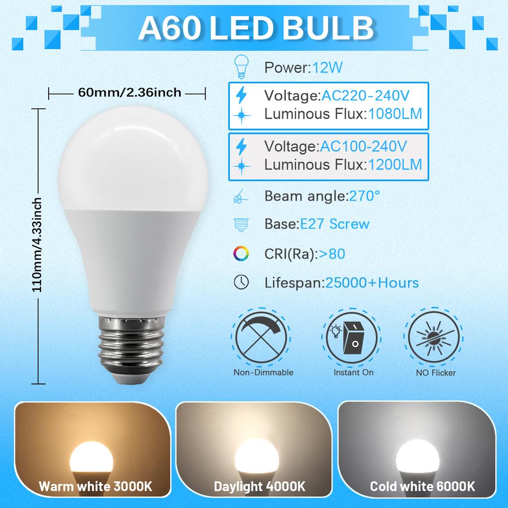 A60 A80 LED Bulb Lamps 8W 9W 10W 12W 15W 18W 20W 24W  Light Bulbs AC 220V 110V E27 Daylight Lighting for Home Foyer Room Decor