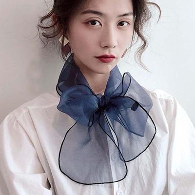 Korean Female Organza Transparent Bow Long Narrow Neck Guard Silk Scarf Summer Thin Gauze Sunscreen Shawl Scarves Headscarf P32