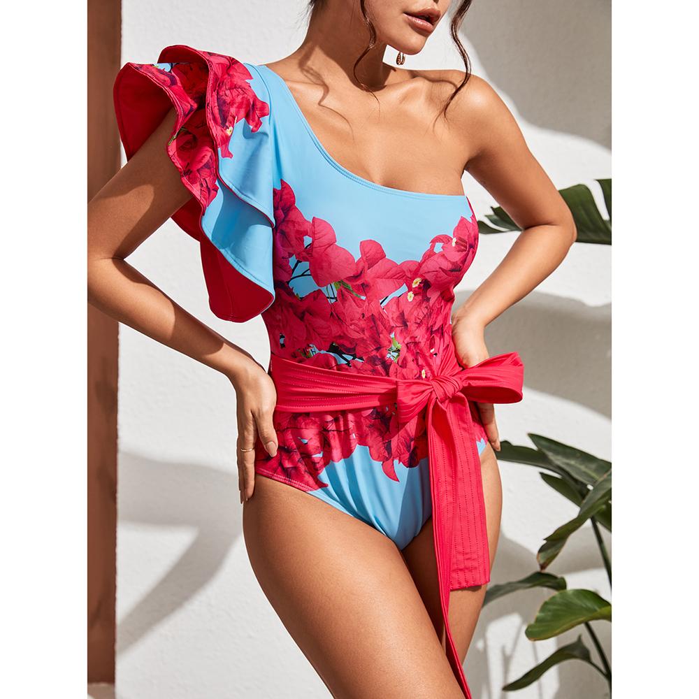 Ashgaily Ruffle One Piece Swimsuit Women Swimwear with Belt Push Up Monokini Swim Suit Print Bathing Suit Beachwear