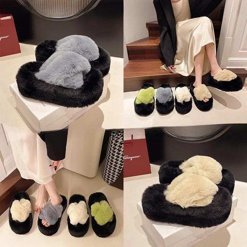 Fashion 2025 Autumn/Winter Candy Color Plush Slippers, Women's Plush Thick Sole Plus Size Cotton Slippers