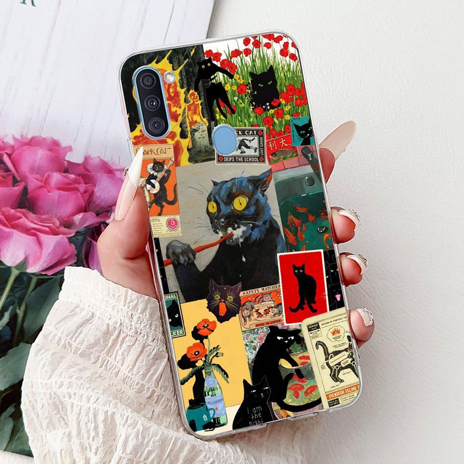 For Samsung Galaxy A11 M11 Phone Case Samsung A11 M11 A115F M115F Elegant Floral Cat Painted Soft Silicone Transparent TPU Cases