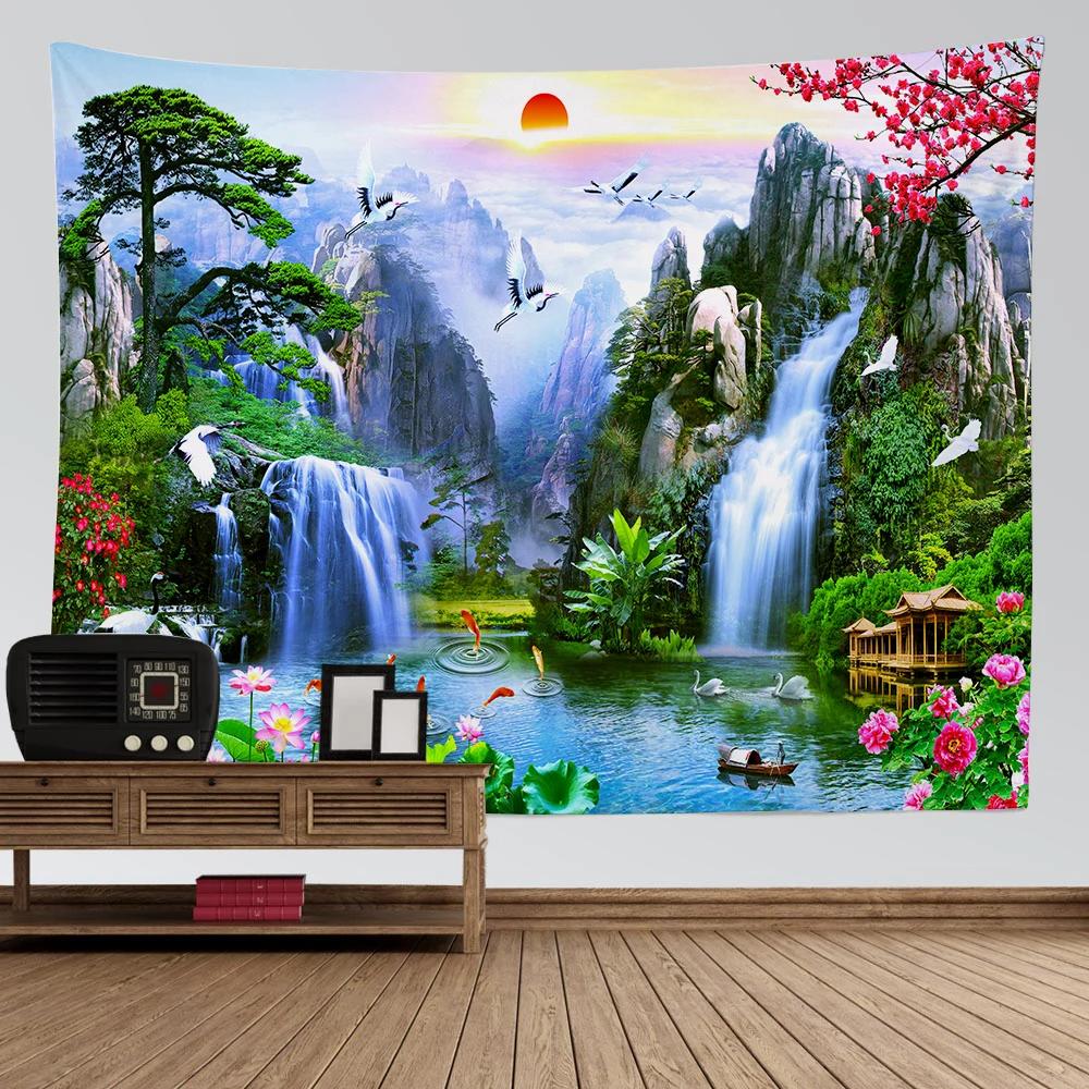 Nature Landscape Tapestry High Mountain with Waterfall Birds Sunset Flower Wall Hanging for Home Wall Decoration Sheet Blanket 74x94cm(29x37in)