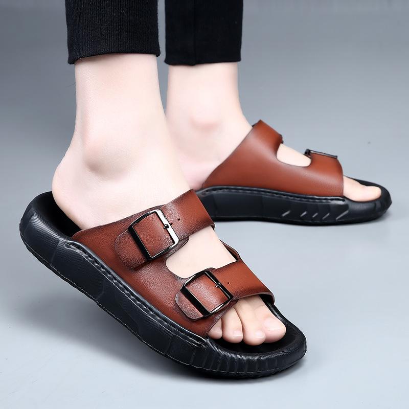 The first layer of cowhide slippers men's summer European and American outer wear beach shoes men's indoor non-slip high-end sandals men's tide
