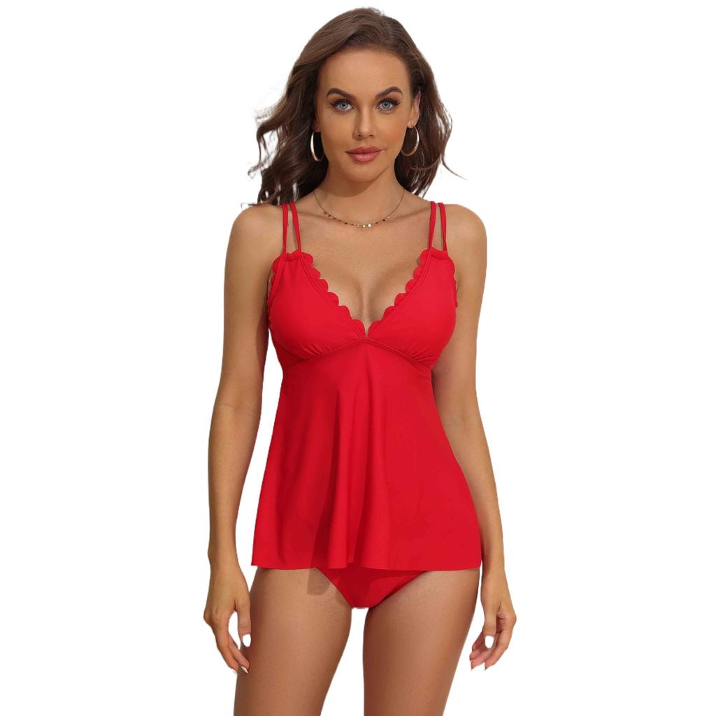 CHARMLEAKS Tankini-Set für Damen, einfarbig, Bademode, Schwimmsets, Spaghettiträger, V-Ausschnitt, gebogene Webkante, Badeanzug