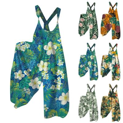 Wide Leg Overalls For Women Casual Loose Sleeveless Jumpsuits Retro Print Metal Button Long Pant Romper Jumpsuit With Pockets