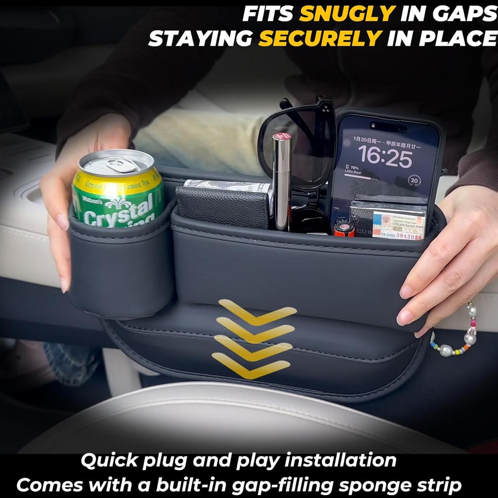 2-Pack Car Seat Gap Filler Organizer With Cup Holder - Premium Leather - Universal Fit - Keeps Cans/Phone/Keys/Wallets Organized(Black)