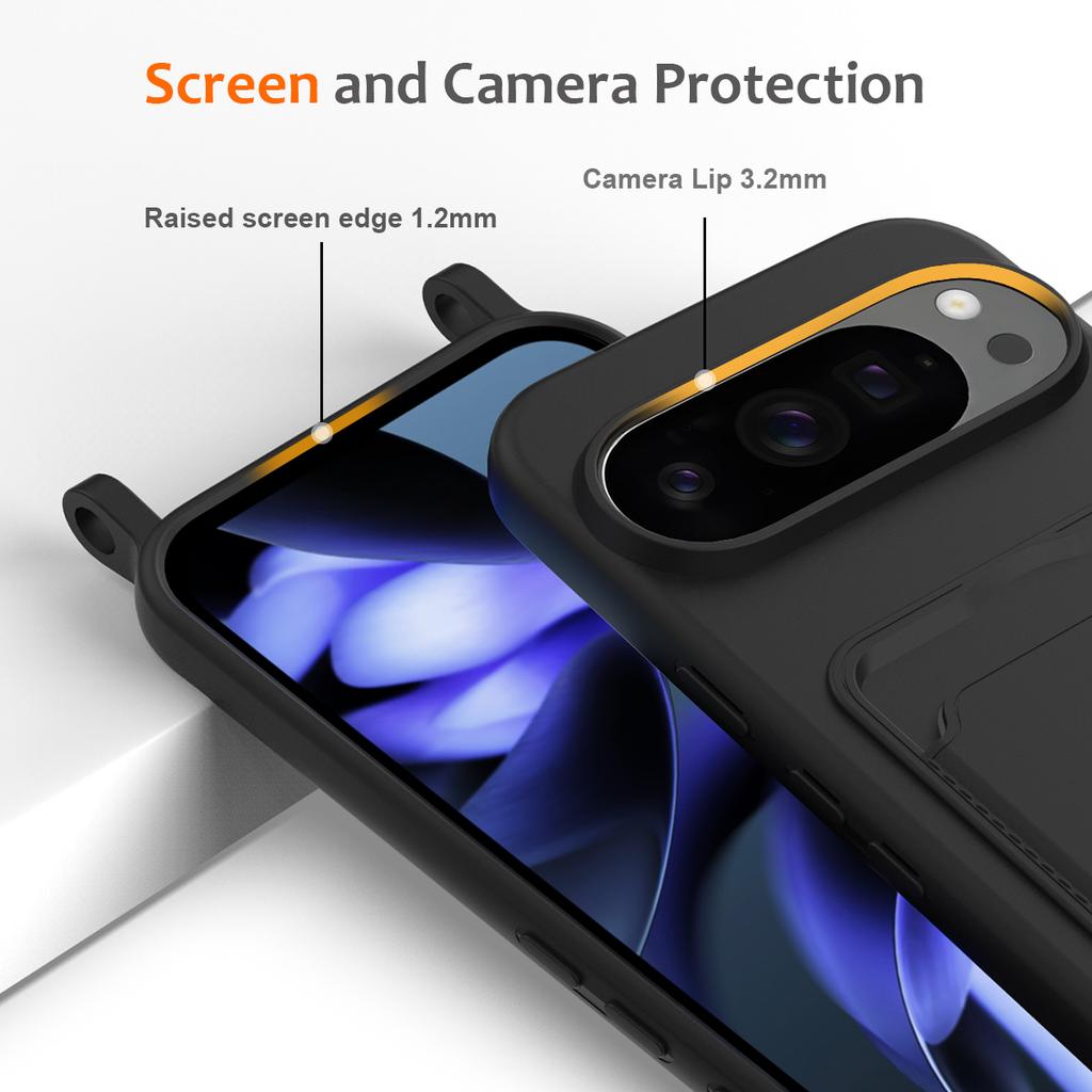 For Google Pixel 10 Pro XL Case Liquid Silicone Card Holder Back Phone Cover with Lanyard