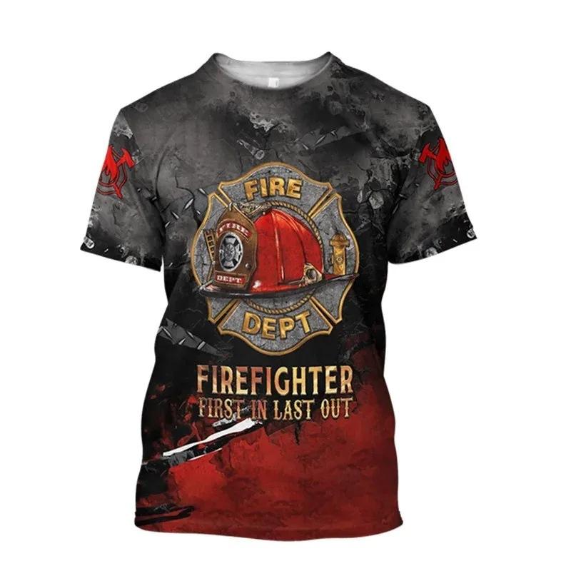 Firefighter Fire Simulation Drill Pattern 3D Print Cross-border New Men's Casual Short-Sleeve T-Shirt Factory Direct Sale