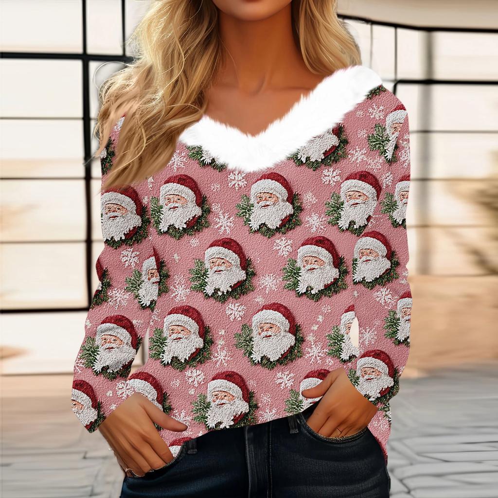 Mode Femme Manches Longues Noël Col V Imprimé Fête Haut Fourrure
