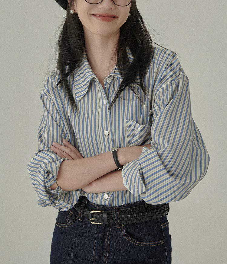 

Женская полосатая рубашка с длинным рукавом Blue Ice Lake - Ленивый корейский стиль Medium