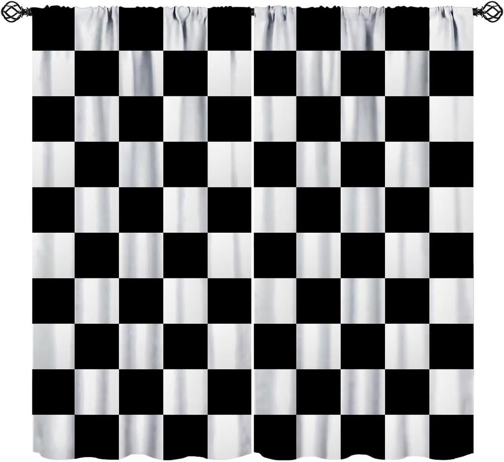 Racing Curtains for Teens Games Room Decor Black White Checkered Flag Art Printed Window Drapes for Kids Bedroom Living Room