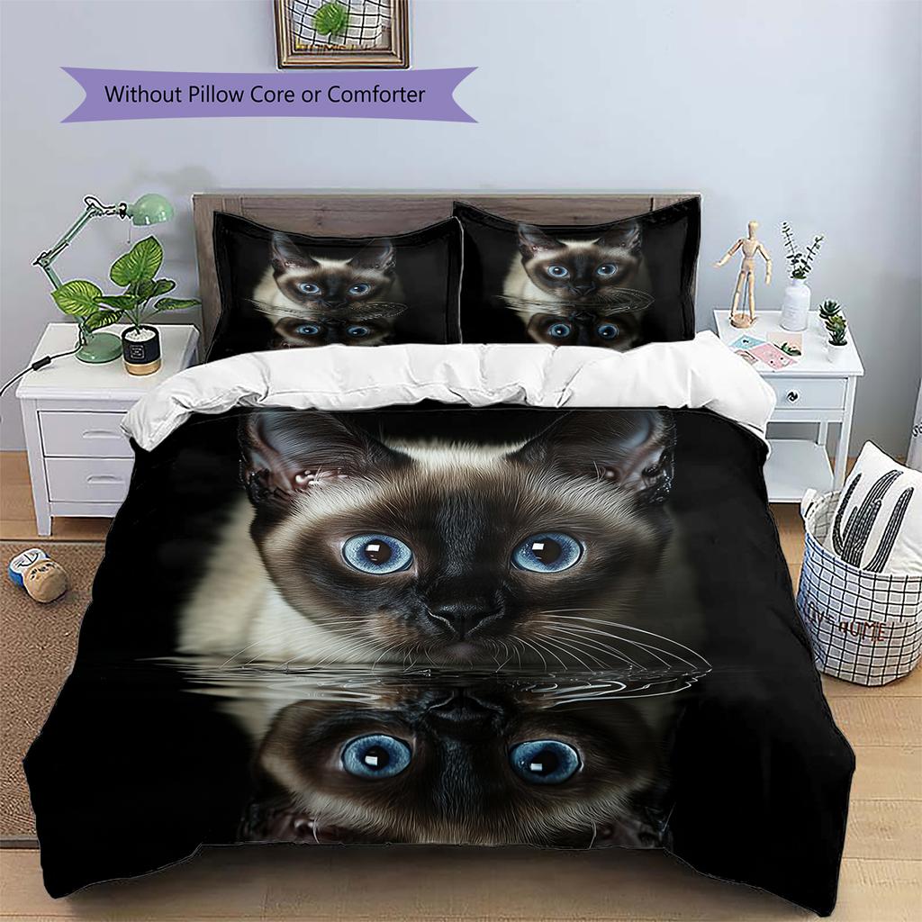 Black Siamese Cat Pattern Bedding Home Decoration Birthday Gift (1 * duvet cover + 2 * pillowcase, without core)