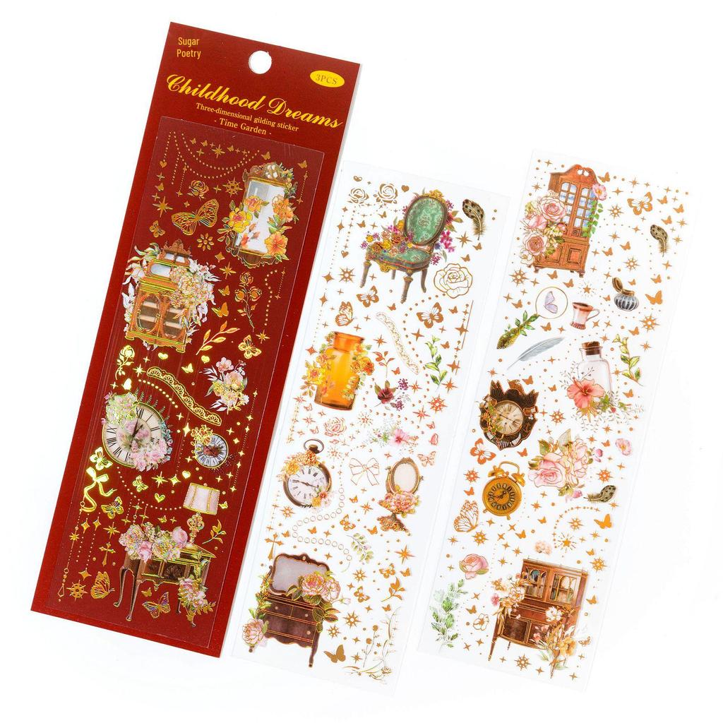 3D Gold Stamping Stickers - Retro Time Garden Series for Journals and DIY Projects (4 Types)