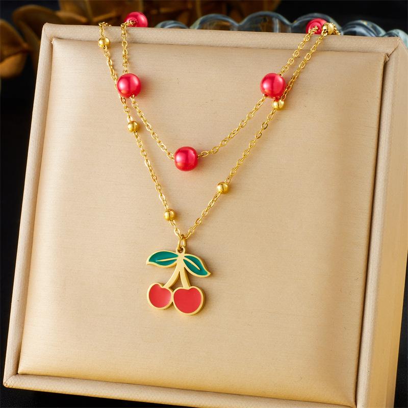 Women's Cross Border European American Stacked Retro Double Layer Chain Diamond Inlaid Dripping Oil Cherry Fruit Heart Necklace