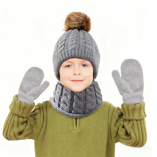3Pcs/Set Kids Hat Scarf Glove Set Plush Ball Decor Twist Texture Thickened Warm Brimless Hat Long Scarf Touch Screen Gloves Set