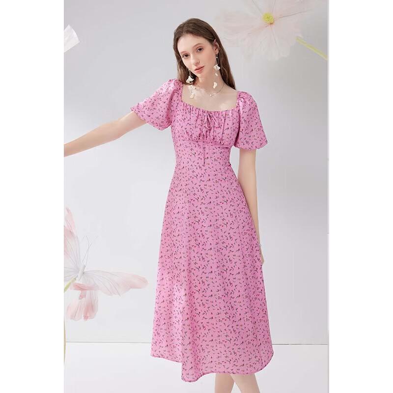 Elegant French Square Collar Bud Sleeve Midi Dress S