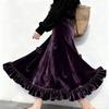 Autumn Winter Vintage Women's Velvet Skirt High-Waist 3D Rose Appliques Ruffled Hem Skirt Long A-Line Skirt