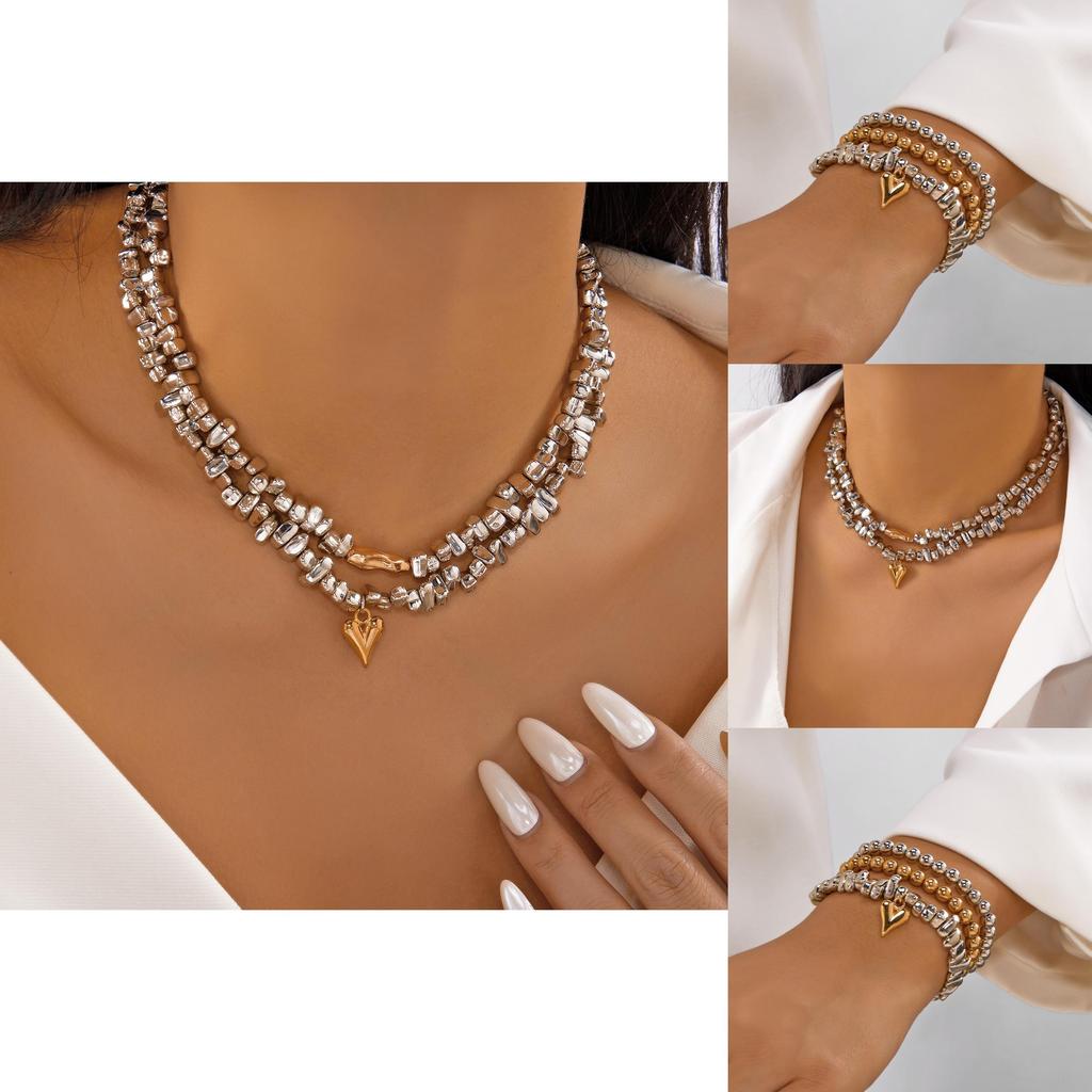 Ensemble Collier et Bracelets Pendentif Cœur Géométrique pour Femmes