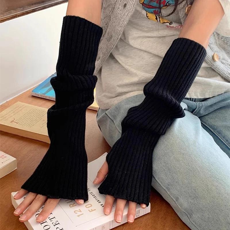 Lolita Fingerless Gloves Arm Warmers Women Autumn and Winter Knitted Kawaii White Black Gloves Anime Cosplay Ankle Wrist Sleeves
