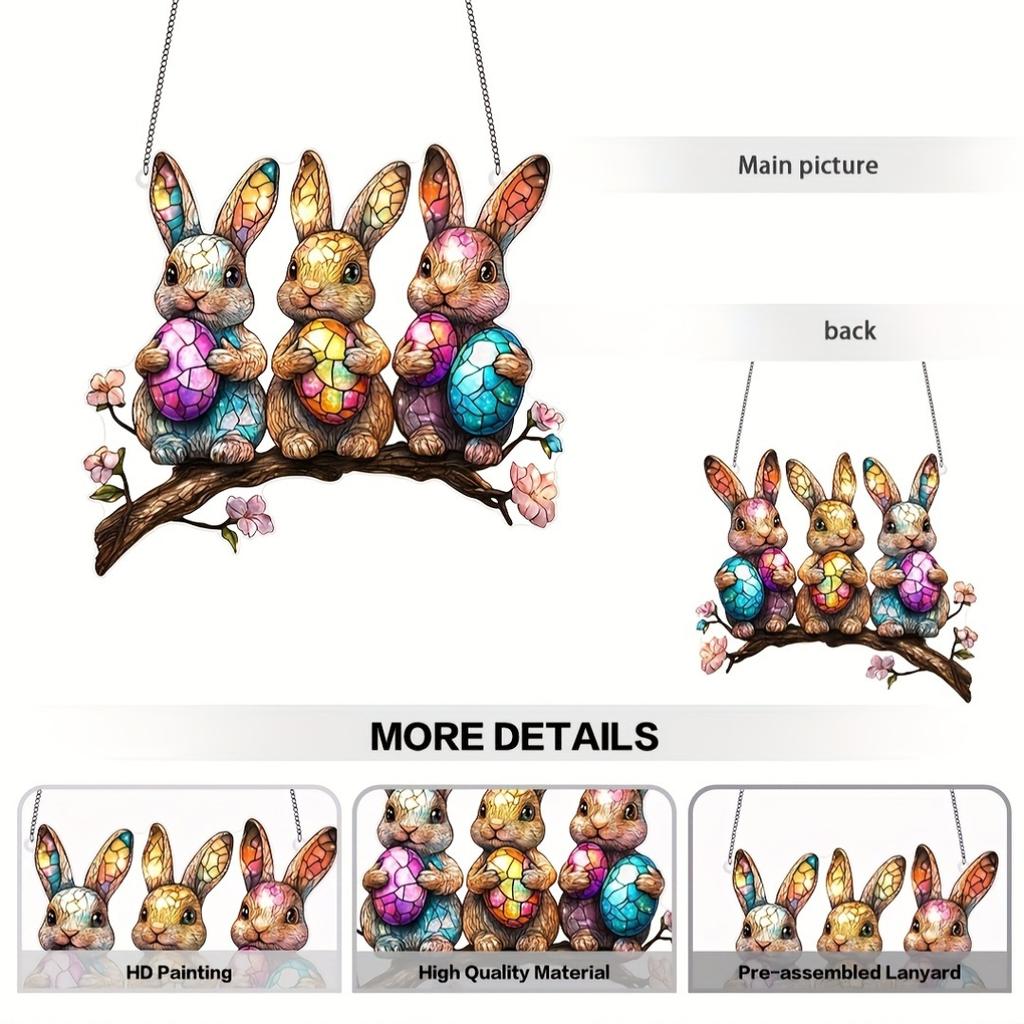 Three Rabbits Holding Colorful Eggs Hanging Decoration Hanging Pendant Wind Chime Suncatcher Home Window Ornament Garden Decor