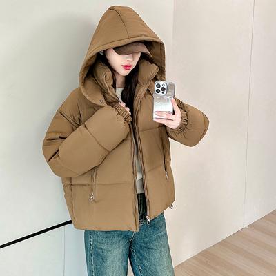 Winter Short Bread Coat for Women with Hood and Drawstring, Simple and Fashionable