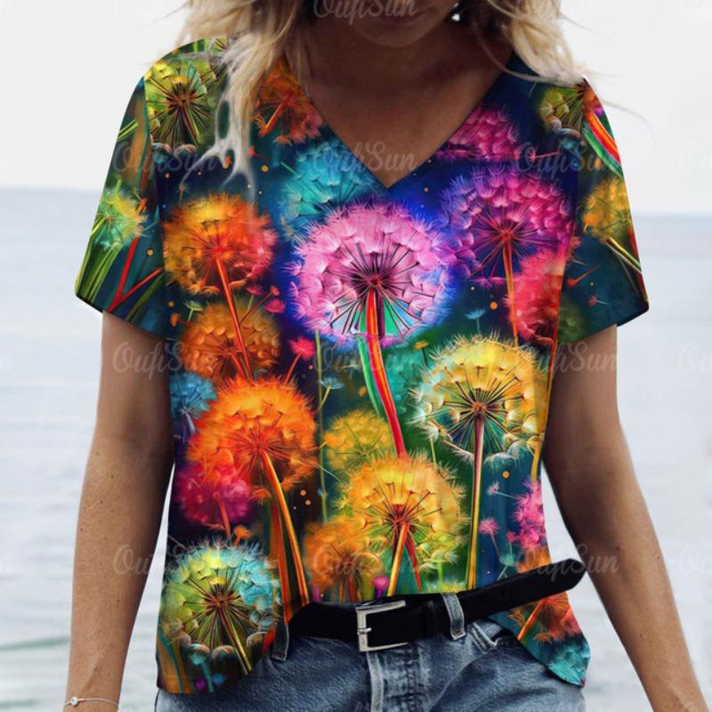 Women Short Sleeves V-Neck T-Shirt Oversized Beautiful Clothing Loose T Shirt Clothing Woman Flowers Print Top Pullover Outdoor
