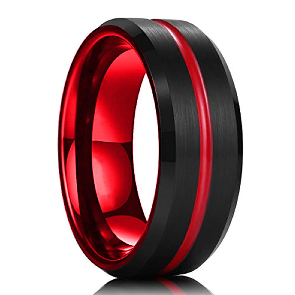 Classic 8mm Men's Red Groove Beveled Edge Black Stainless Steel Men Wedding Rings Black Brushed Male Bridal Engagement Ring