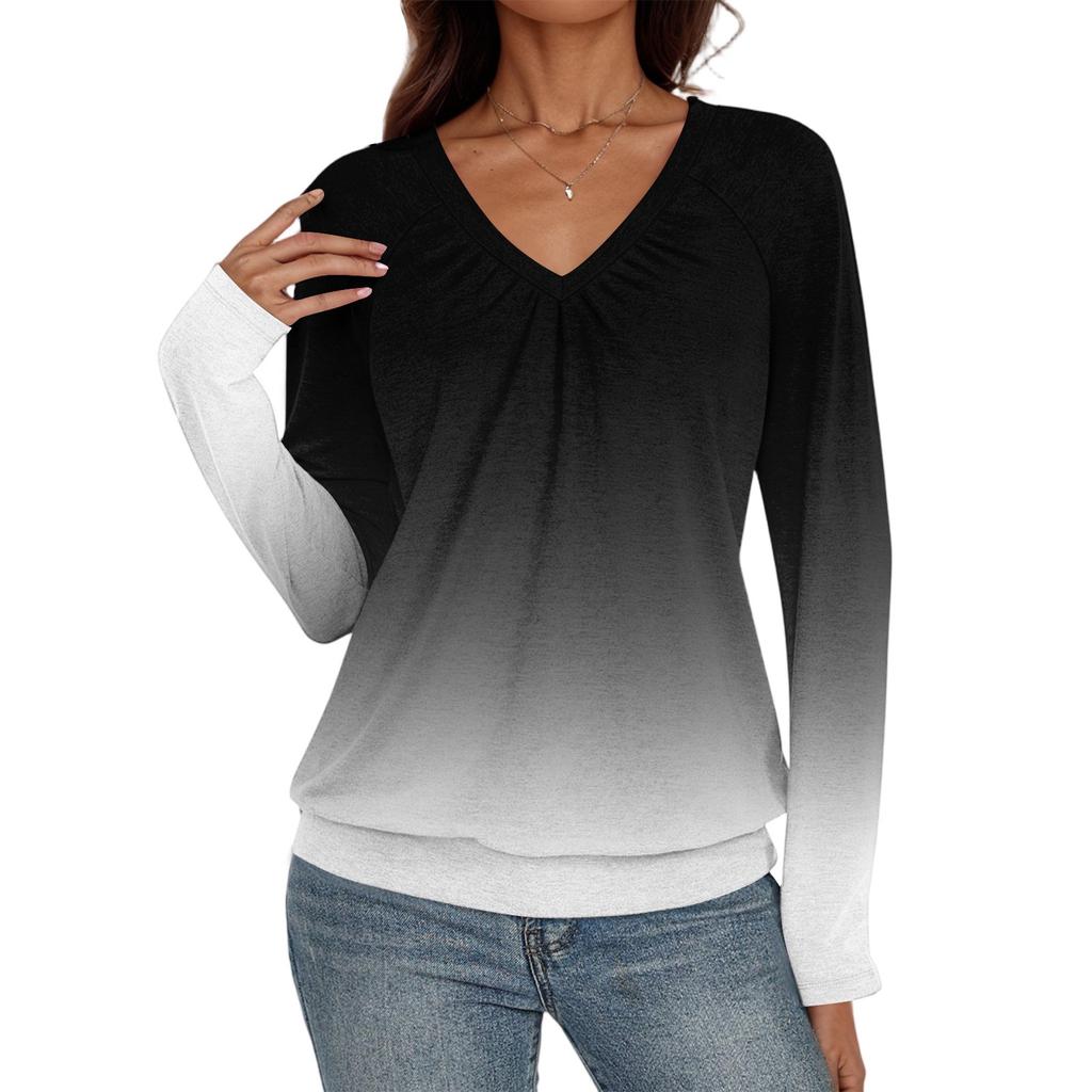Women's Casual Fashion V-Neck Raglan Pleated Color Long Sleeve Top
