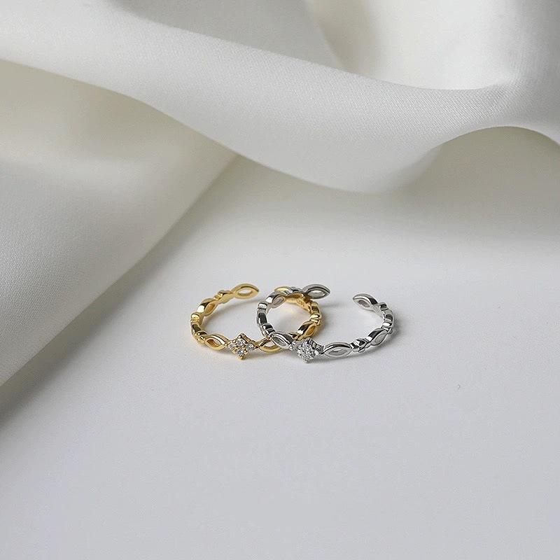 S925 Sterling Silver Gold-Plated Diamond Geometric Open Ring Female Design Niche Simple Bracelet High-Grade Light Luxury Tail Ring