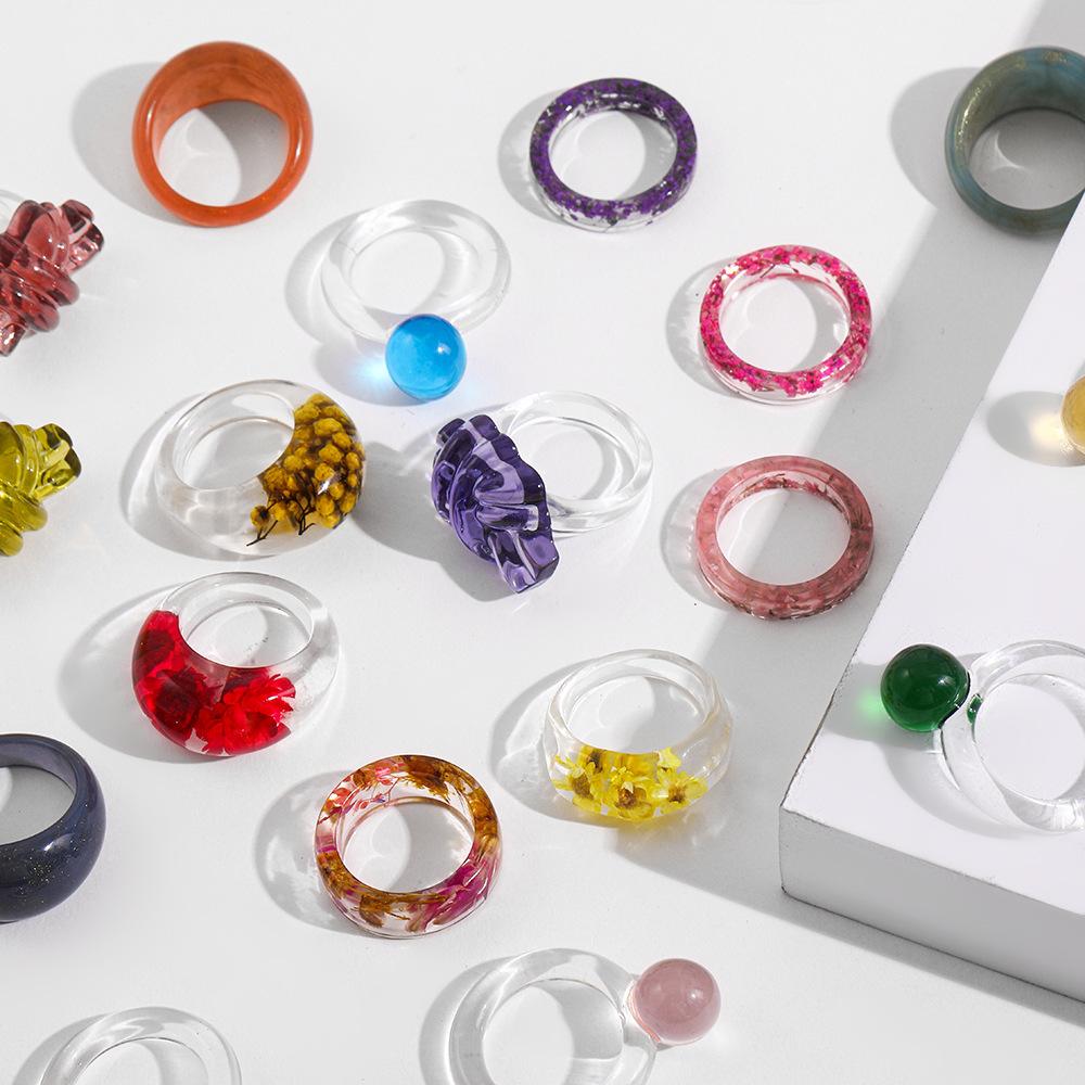 Candy Colored Resin Ring Transparent Geometric Ring Y2K Yabi Size Decorative Ring with Accessories