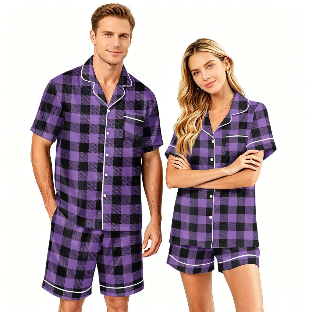 Couple Matching Pajama Set Short Sleeve Button Down Shirt with Hem and Shorts Set Soft Casual Loungewear S To XXXXL